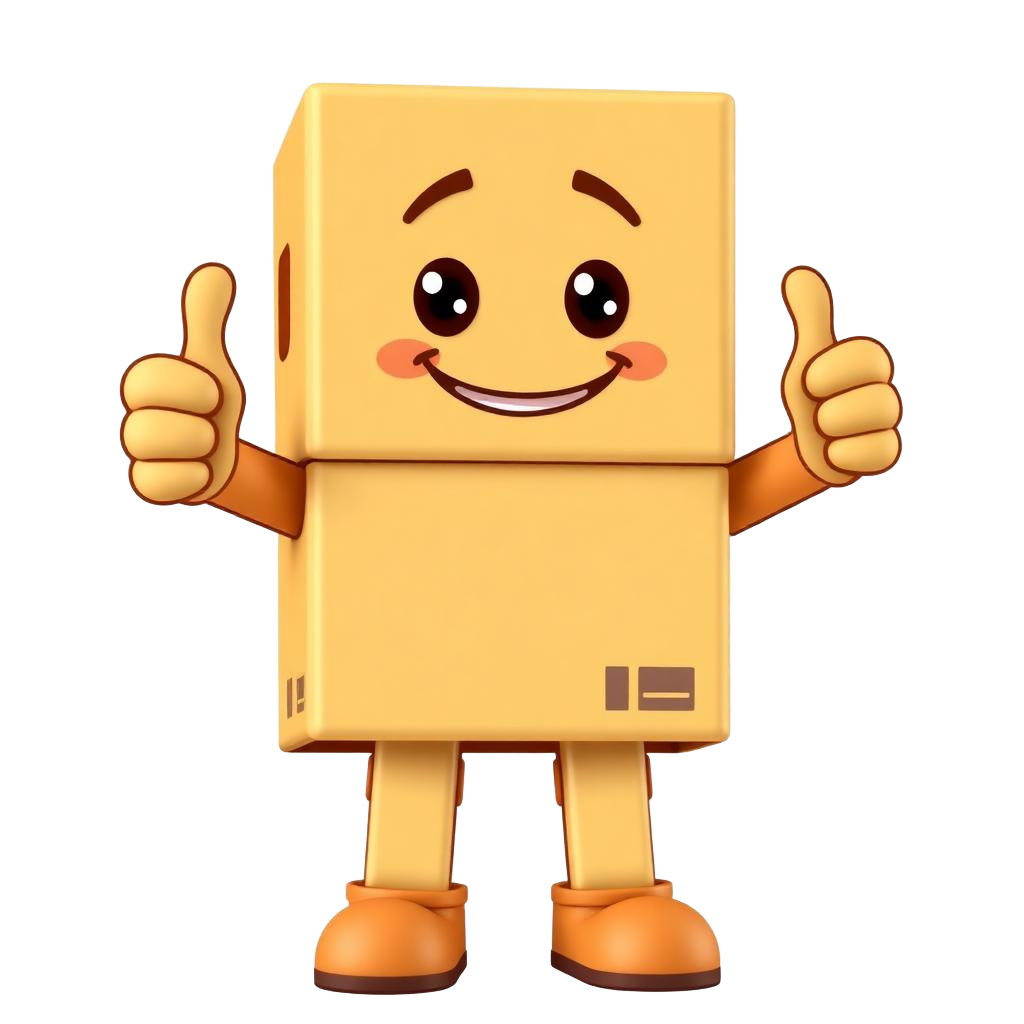 Movli mascot — a cheerful cardboard box giving two thumbs up